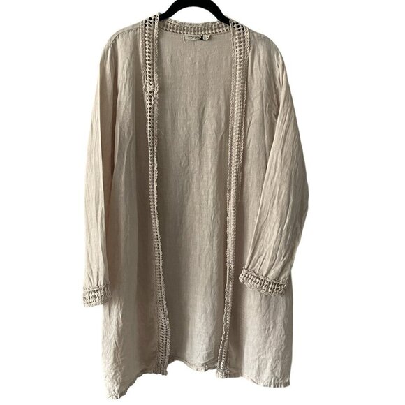 Lungo L'Arno Crochet Trim Linen Open Front Long Sleeve Cardigan Cream Small - Picture 1 of 9